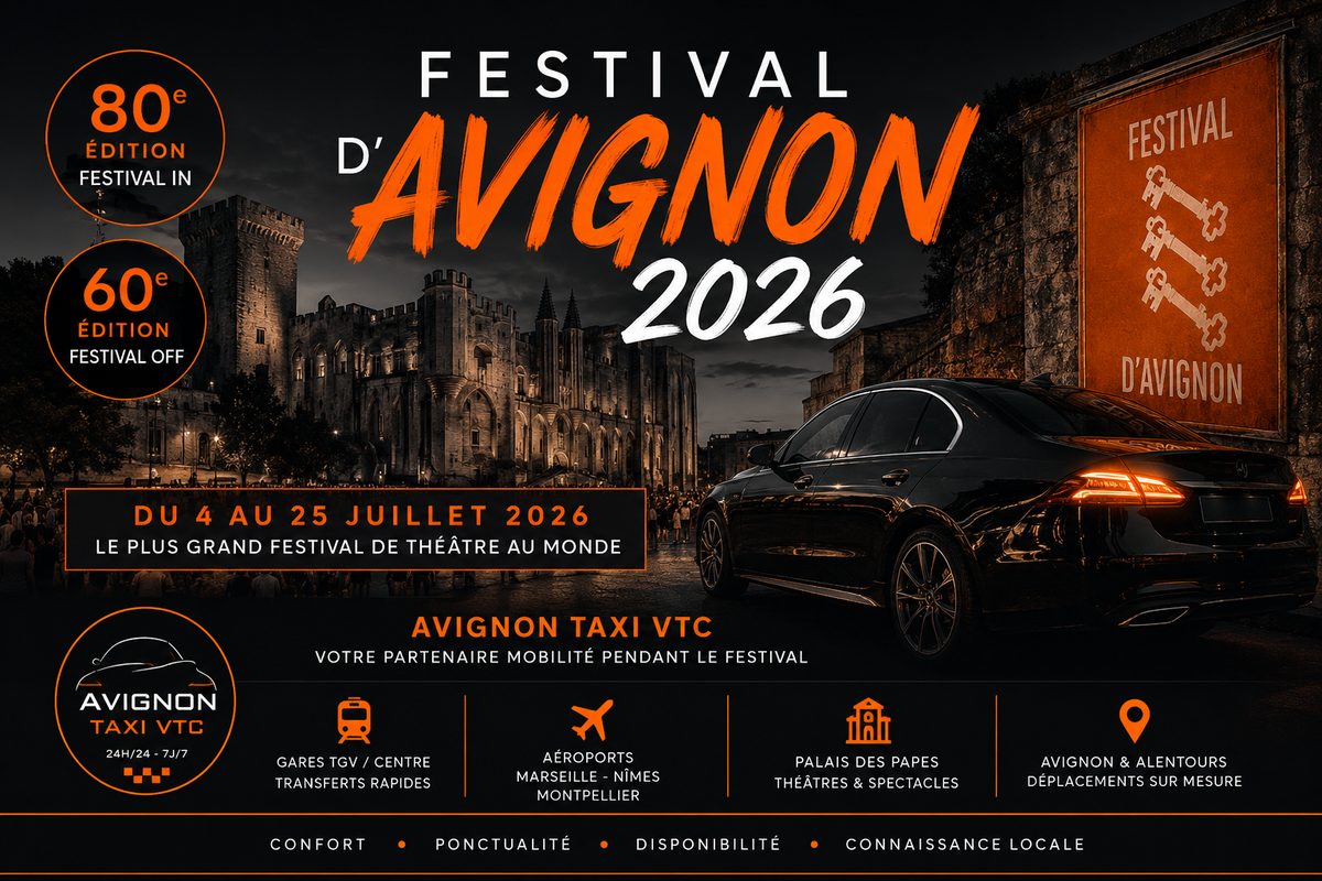 Festival d'Avignon 2026 — Taxi VTC devant le Palais des Papes